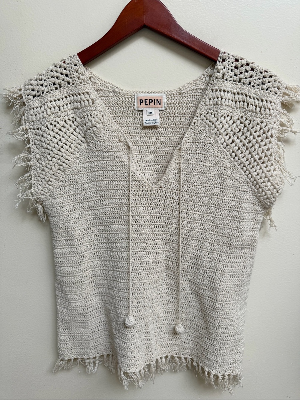 Pepin Anthropologie Off-White Crochet Fringe V-Neck Top